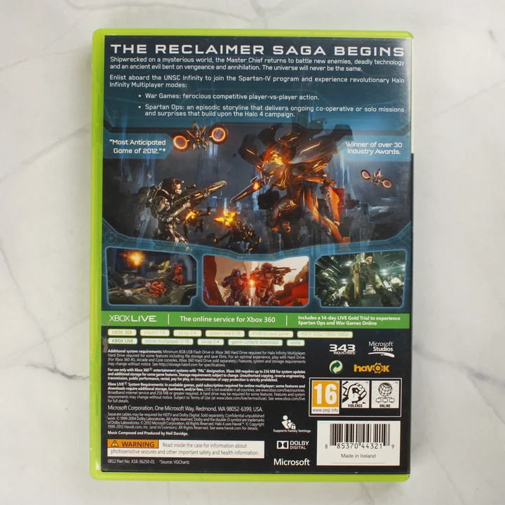 Halo 4 videójáték Xbox 360 tokjának hátoldala a játék leírásával