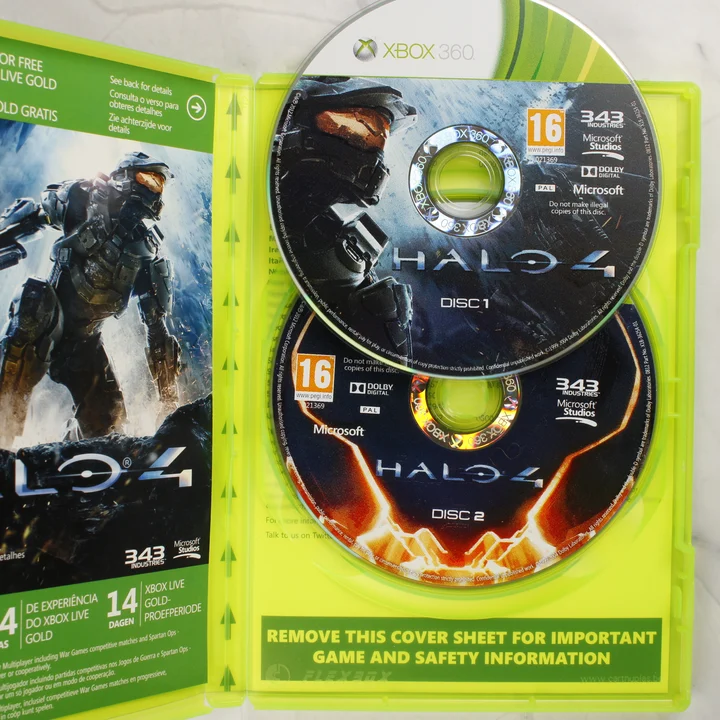 Halo 4 Xbox 360 nyitott tok a két lemezzel és a leírással