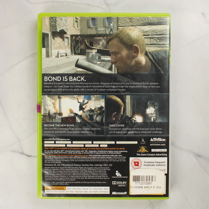 007 Quantum of Solace Xbox 360 játék hátlapja 007 Quantum of Solace Xbox 360 videójáték tokjának hátoldala a részletekkel és képekkel