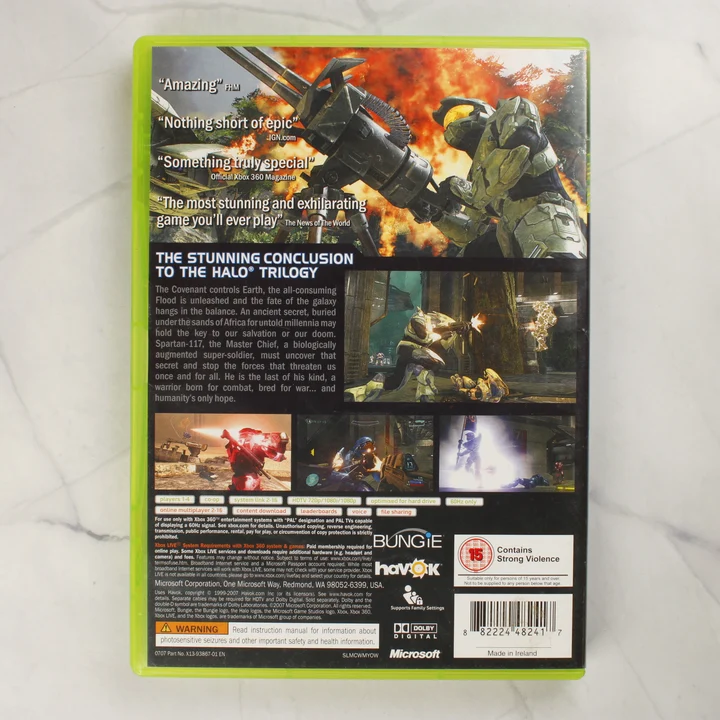 Halo 3 Xbox 360 videójáték dobozának hátoldala játékképekkel és vonalkóddal