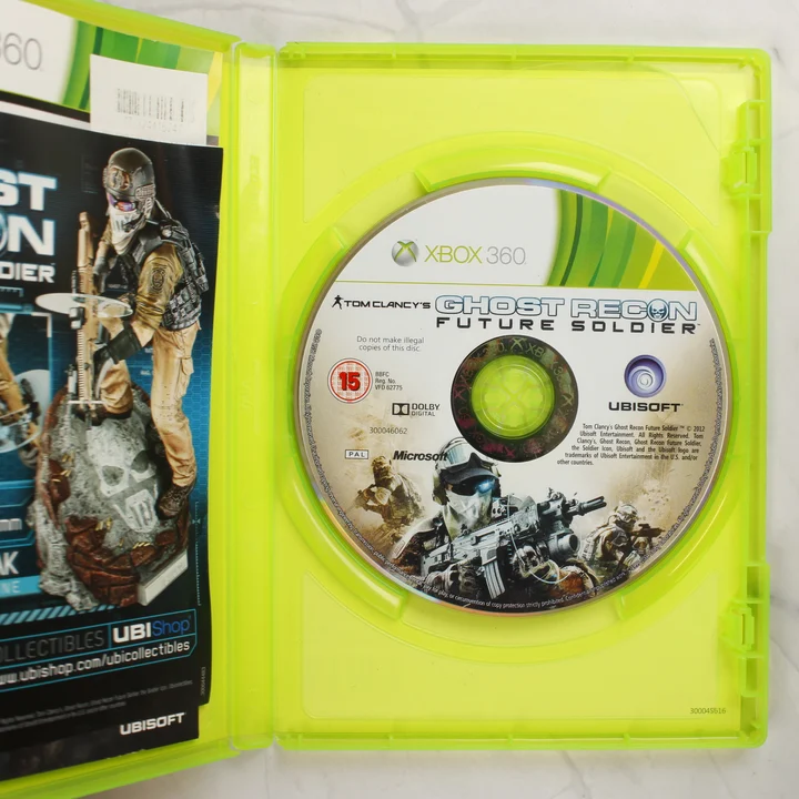 Tom Clancy's Ghost Recon Future Soldier Xbox 360 lemez és belső rész Tom Clancy's Ghost Recon Future Soldier Xbox 360 lemez a nyitott műanyag tokban