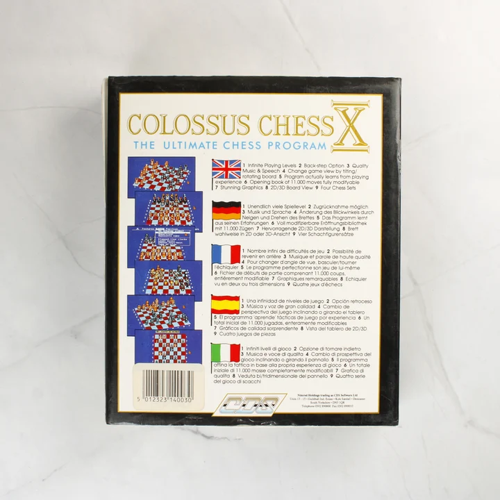 Colossus Chess X Amiga játék dobozának hátoldala