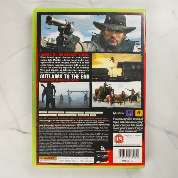 Red Dead Redemption Xbox 360 tok hátoldala Red Dead Redemption Xbox 360 videójáték tokjának hátoldala a vonalkóddal és leírással