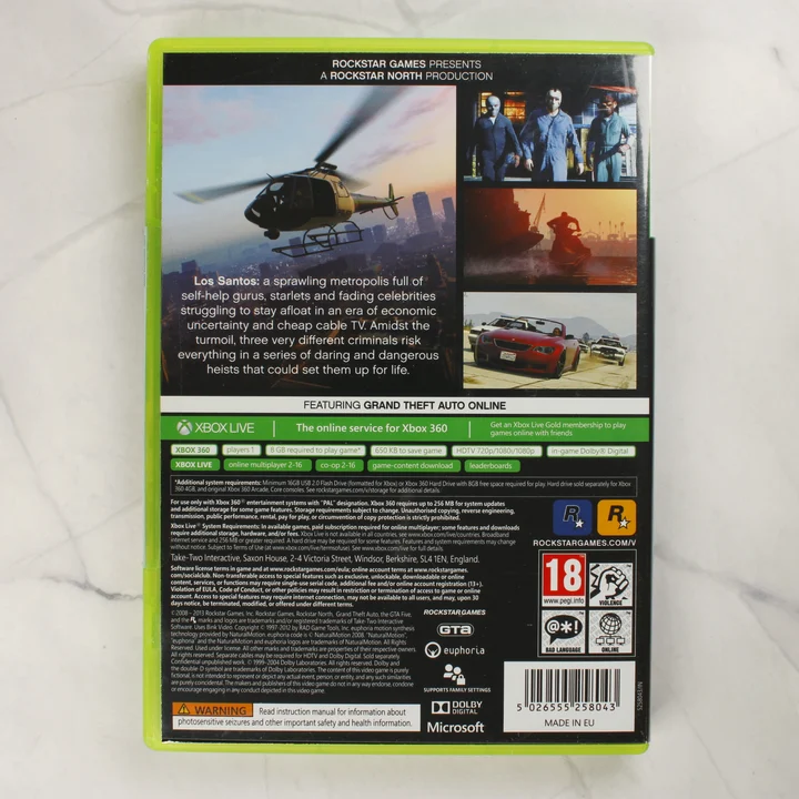 Grand Theft Auto V videójáték Xbox 360 dobozának hátlapja