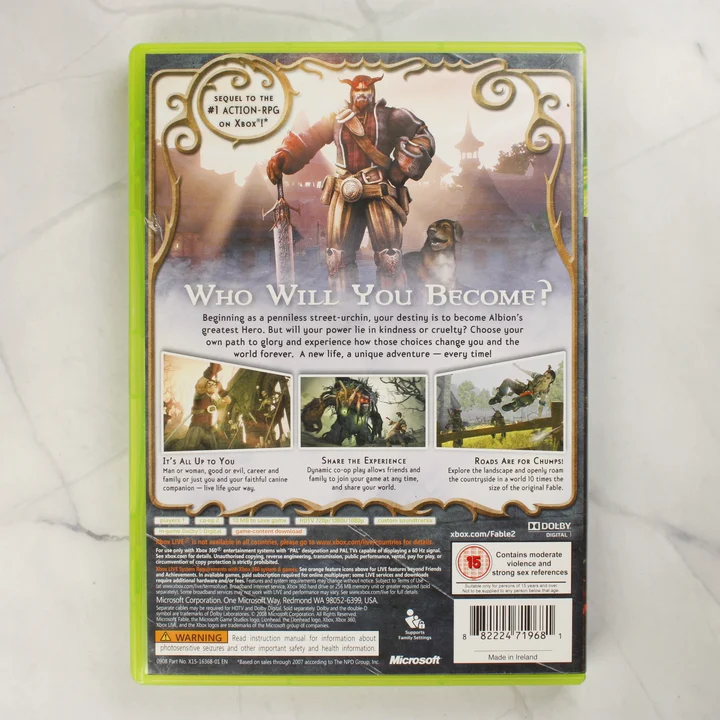Fable II Xbox 360 videójáték tokjának hátoldala