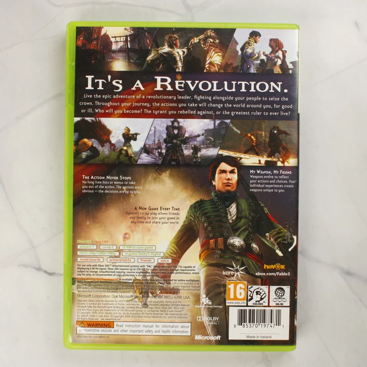 Fable III Xbox 360 videójáték tokjának hátoldala leírással és vonalkóddal