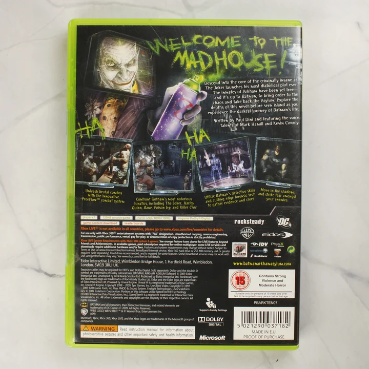 Batman: Arkham Asylum Xbox 360 videójáték tokja hátulról