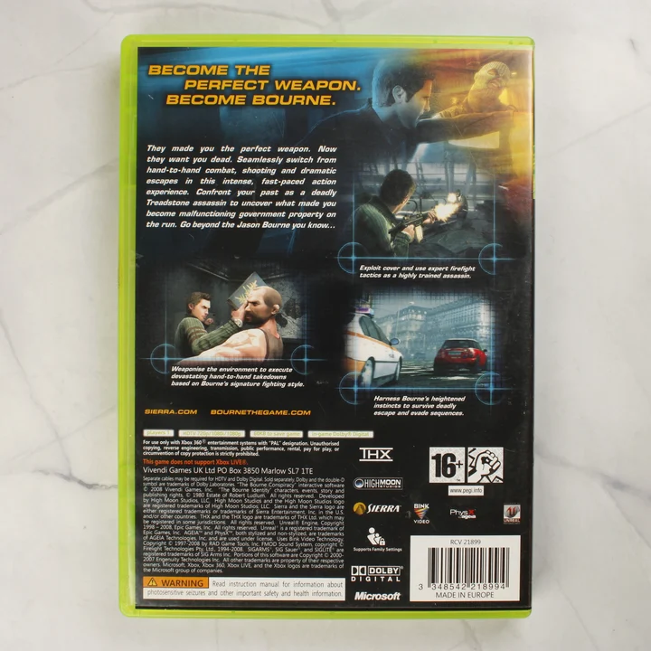 Robert Ludlum's The Bourne Conspiracy Xbox 360 videójáték dobozának hátlapja