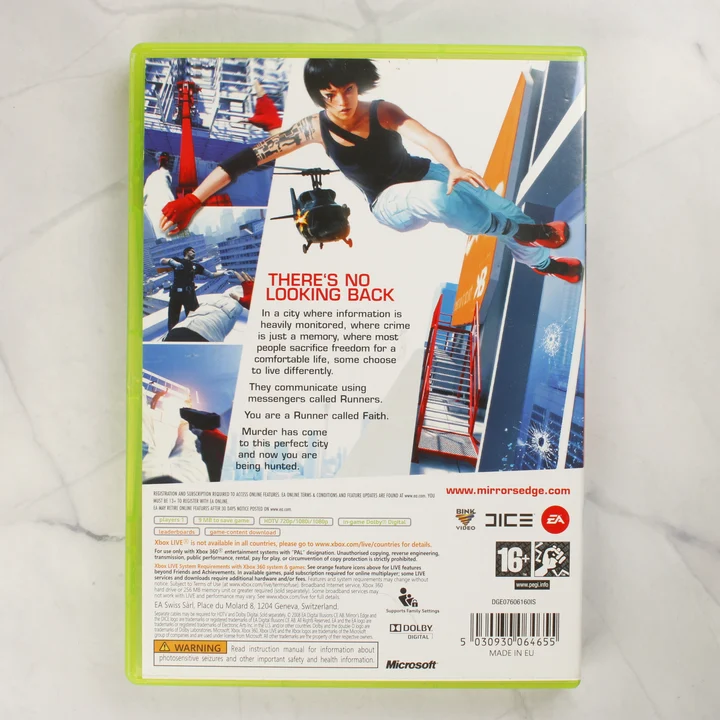 Mirror's Edge Xbox 360 videójáték tokjának hátoldala
