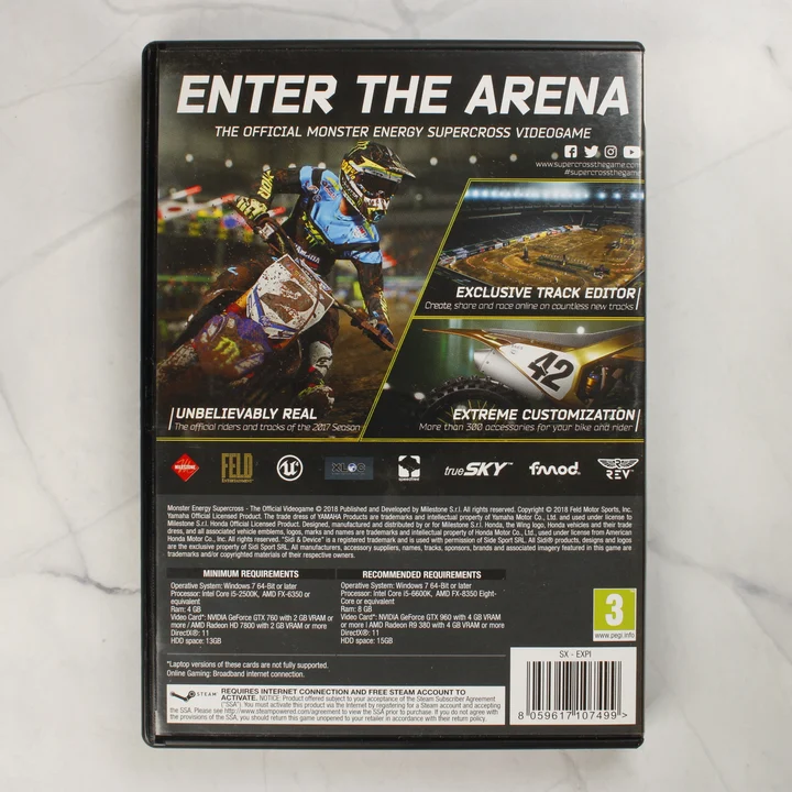 Monster Energy Supercross - The Official Videogame PC-s kiadásának hátoldala a rendszerkövetelményekkel