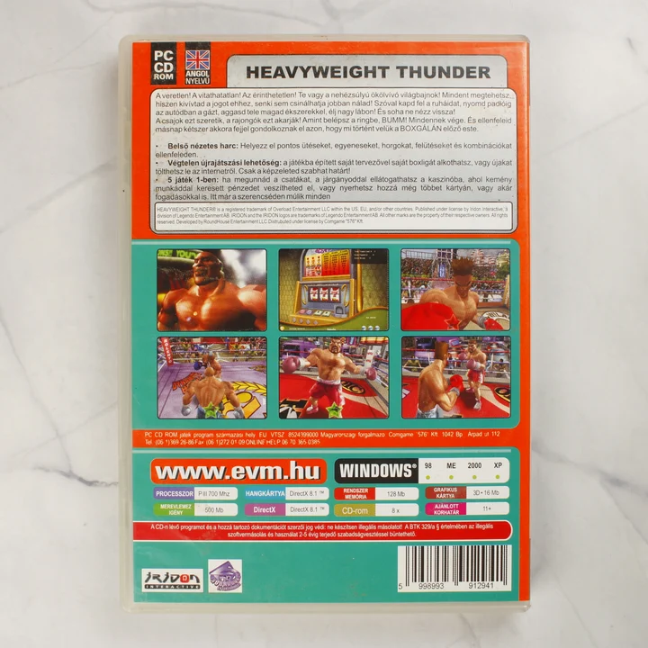 Heavyweight Thunder PC CD-ROM videójáték hátoldali borítója a rendszerkövetelményekkel