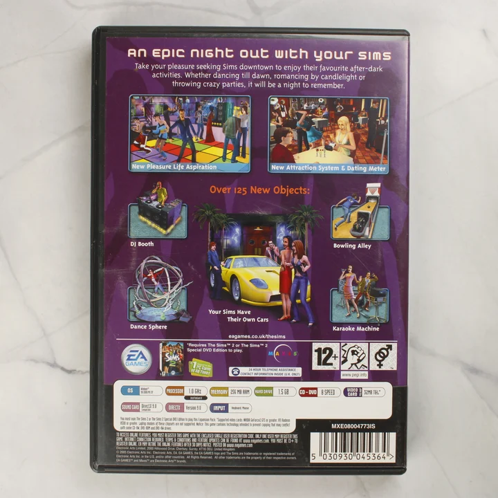 The Sims 2 Nightlife PC CD-ROM játék tokjának hátoldala a rendszerkövetelményekkel