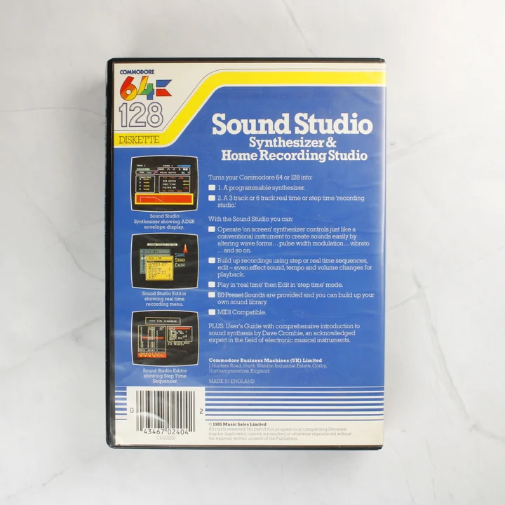 Commodore Sound Studio szoftver dobozának hátoldala