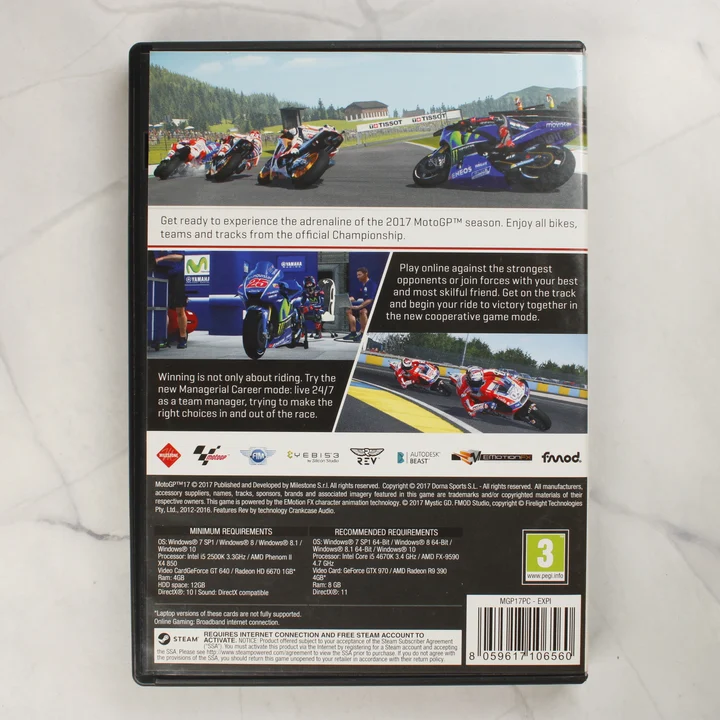 MotoGP 17 PC videójáték hátlapja MotoGP 17 PC videójáték tokjának hátoldala a leírással és rendszerkövetelményekkel