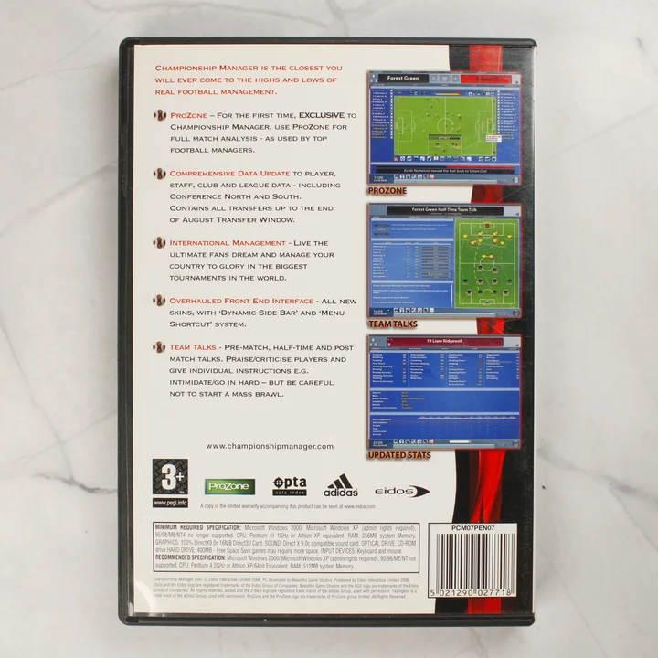 Championship Manager 2007 PC játék tok hátlapja Championship Manager 2007 PC videójáték tokjának hátoldala angol leírással