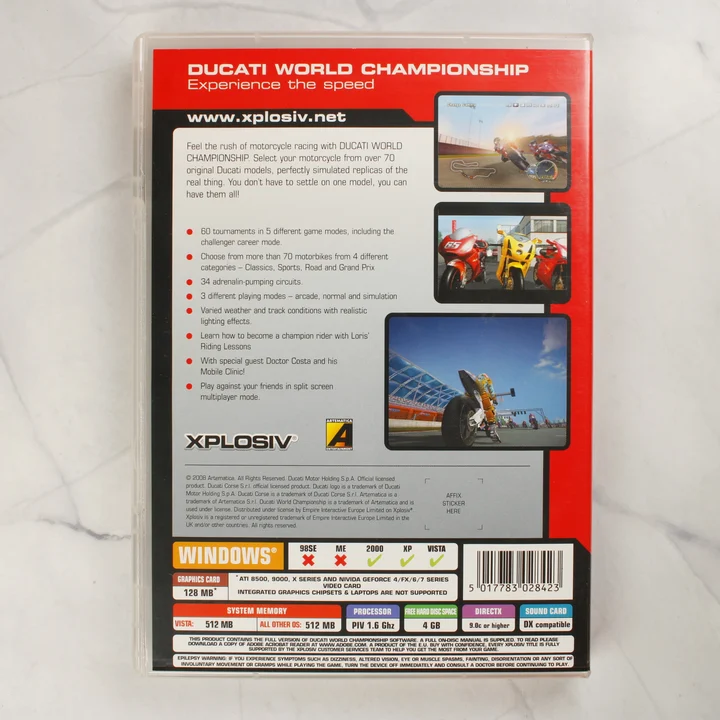 Ducati World Championship PC videójáték tok hátlapja A Ducati World Championship PC-s videójáték tokjának hátoldala a játék leírásával