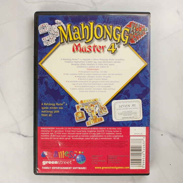 MahJongg Master 4 PC játék hátlapja A MahJongg Master 4 PC játék hátsó borítója a leírással és a rendszerigényekkel