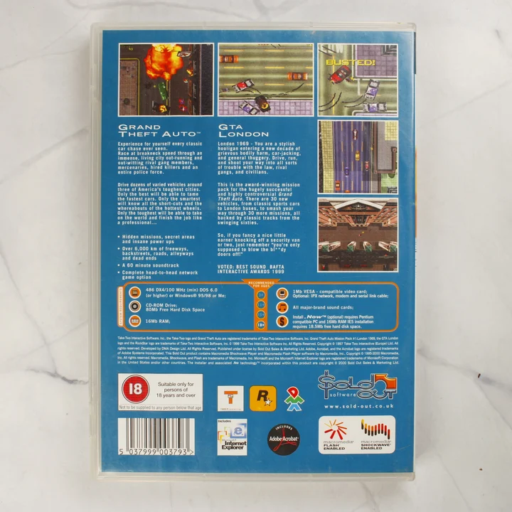 Grand Theft Auto & GTA London PC CD-ROM hátlap Grand Theft Auto és GTA London PC CD-ROM videójáték tokjának hátlapja leírással és rendszerkövetelményekkel