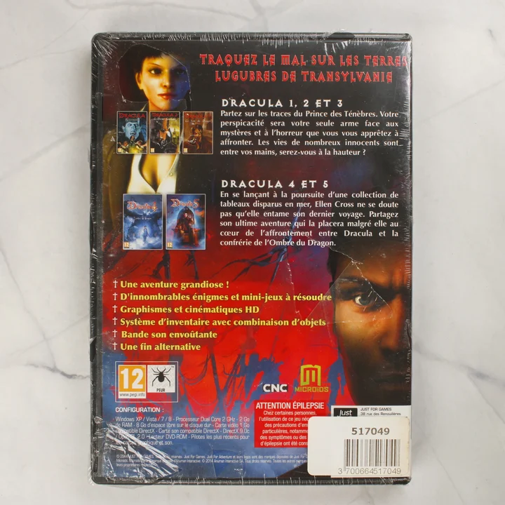 Dracula L'Intégrale 1 à 5 PC videójáték hátlapja Dracula L'Intégrale 1 à 5 PC DVD-ROM videójáték bontatlan tokjának hátlapja