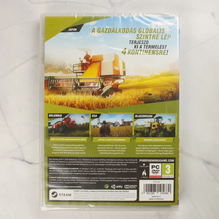 Pure Farming 2018 PC játék hátoldal Pure Farming 2018 PC videójáték tokjának hátoldala a rendszerkövetelményekkel