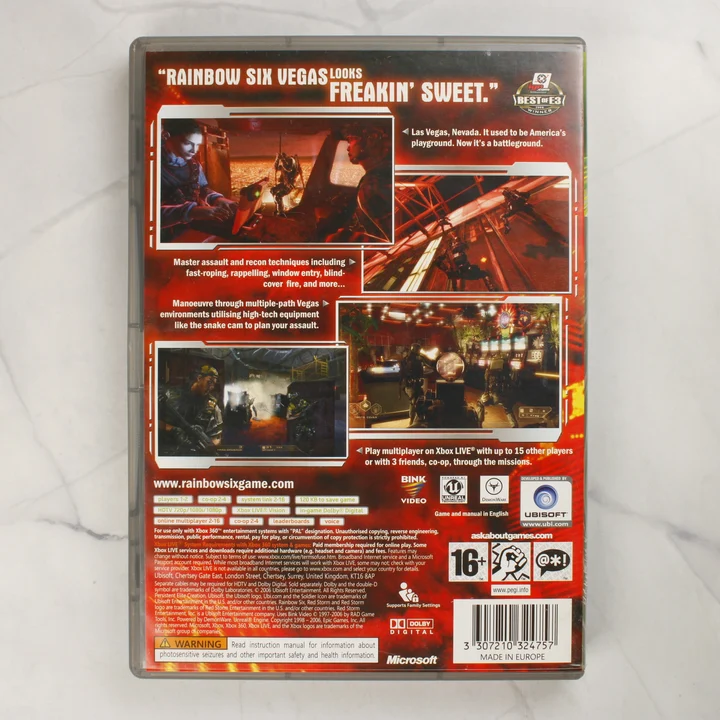 Tom Clancy's Rainbow Six Vegas Xbox 360 hátlap Tom Clancy's Rainbow Six Vegas Xbox 360 videójáték tokjának hátoldala a játékinformációkkal