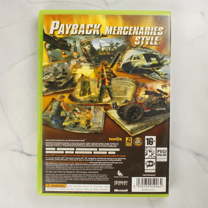 Mercenaries 2: World in Flames Xbox 360 hátlap Mercenaries 2: World in Flames Xbox 360 videójáték tokjának hátlapja