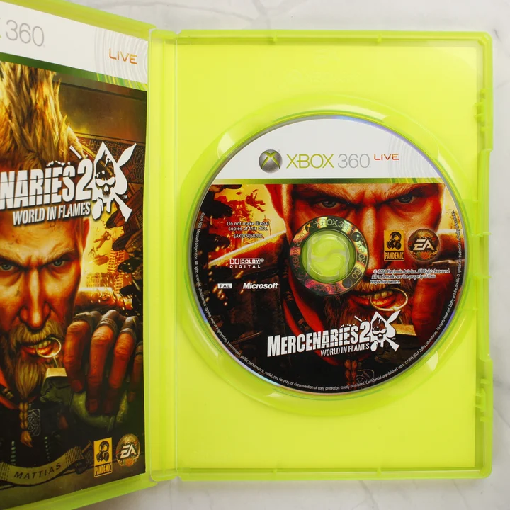 Mercenaries 2: World in Flames Xbox 360 nyitott tok és lemez Mercenaries 2: World in Flames Xbox 360 nyitott műanyag tok a lemezzel