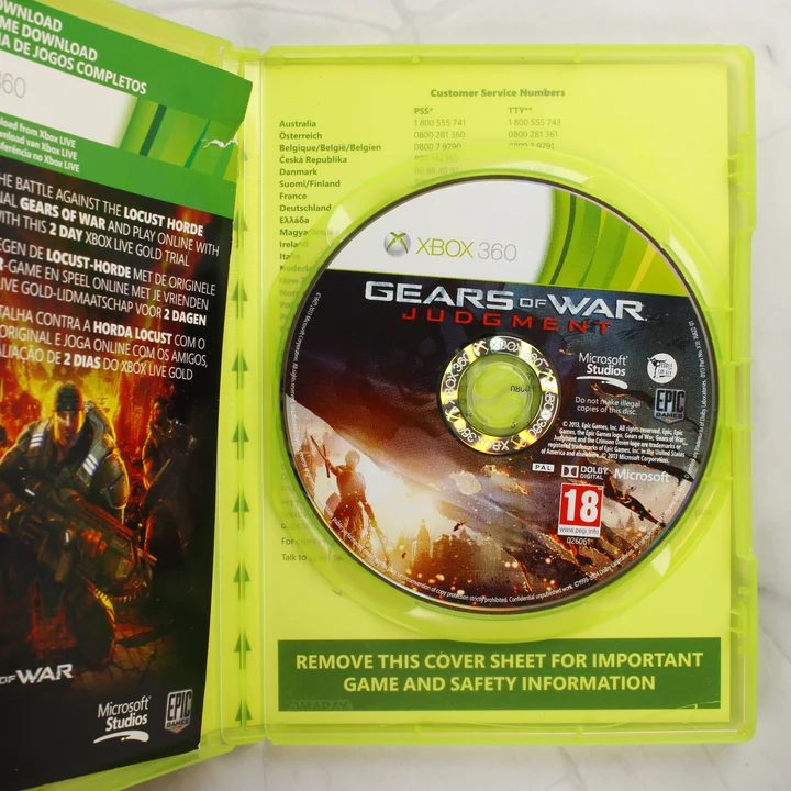 Gears of War Judgment Xbox 360 lemez és tok belső Nyitott Xbox 360 tok a Gears of War Judgment lemezzel és a füzettel