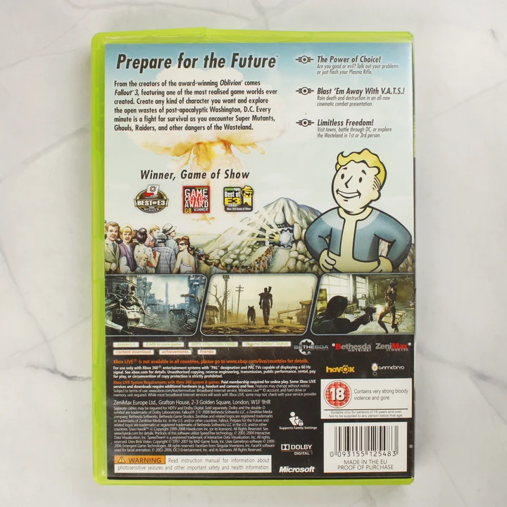 Fallout 3 Xbox 360 hátlap Fallout 3 Xbox 360 videójáték tokja hátulról
