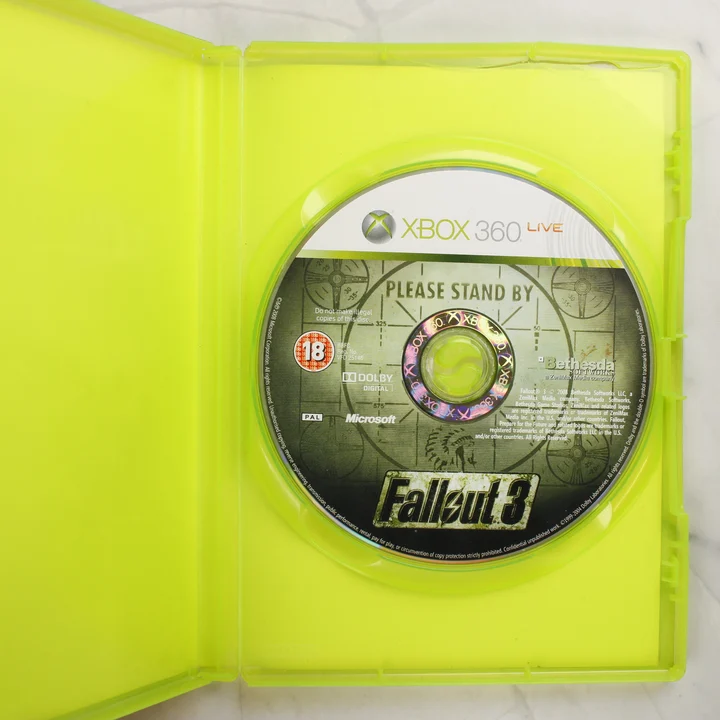 Fallout 3 Xbox 360 lemez és tok belső Fallout 3 Xbox 360 nyitott tok a játéklemezzel