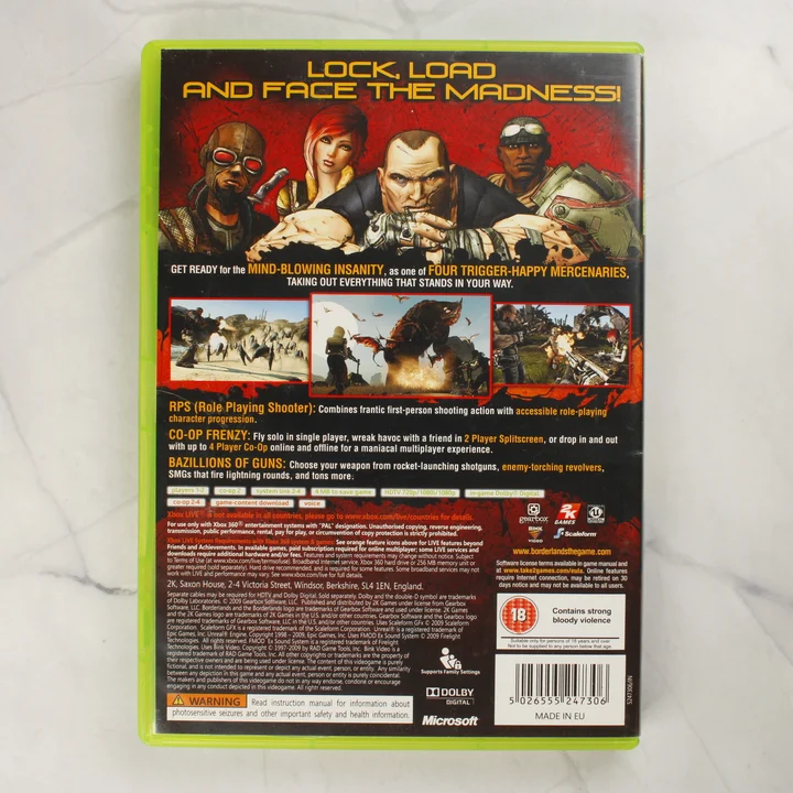 Borderlands Xbox 360 hátlap Borderlands Xbox 360 videójáték tokjának hátlapja