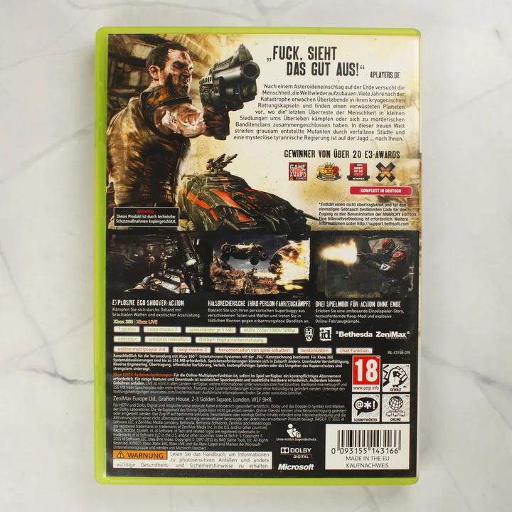 RAGE Anarchy Edition Xbox 360 videójáték tokjának hátoldala a játékinformációkkal