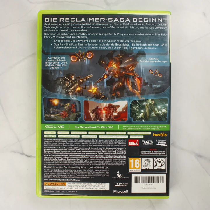 Halo 4 Xbox 360 hátlap Halo 4 Xbox 360 videójáték tokjának hátoldala német nyelvű leírással