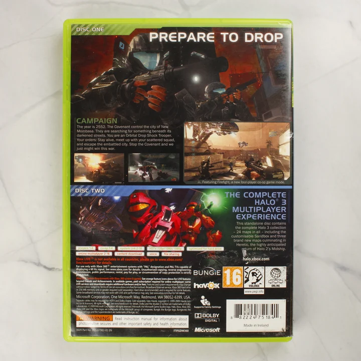 Halo 3: ODST Xbox 360 tok hátlapja Halo 3: ODST Xbox 360 videójáték tokjának hátoldala