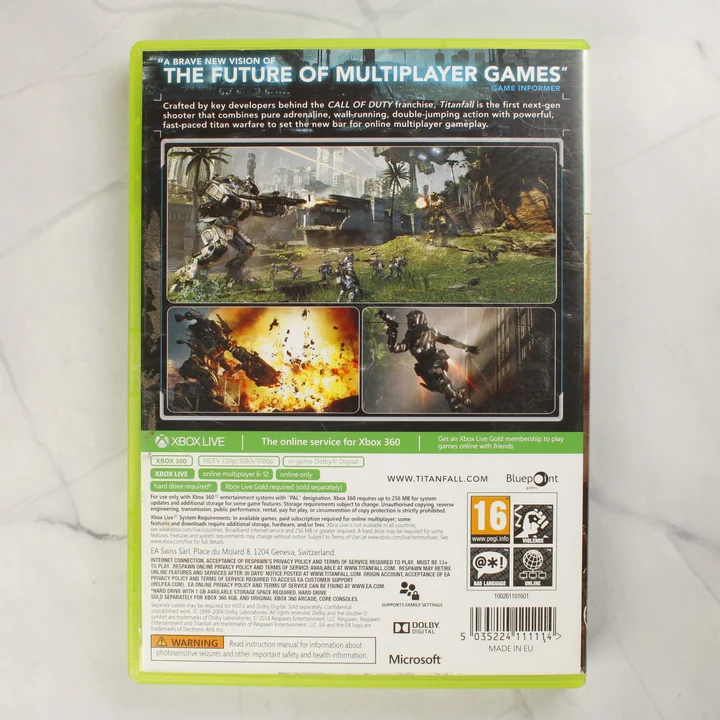 Titanfall Xbox 360 videójáték hátlap Titanfall Xbox 360 videójáték tokjának hátoldala a játékinformációkkal