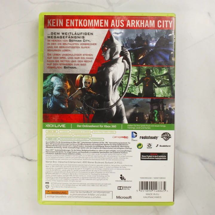 Batman: Arkham City Xbox 360 Classics hátlap Batman: Arkham City Xbox 360 Classics kiadás német nyelvű hátlapja