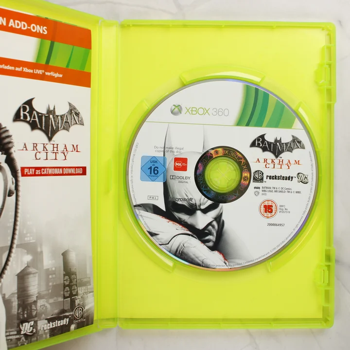 Batman Arkham City Xbox 360 tok belső lemezzel Batman Arkham City Xbox 360 kinyitott tok a játéklemezzel és füzettel