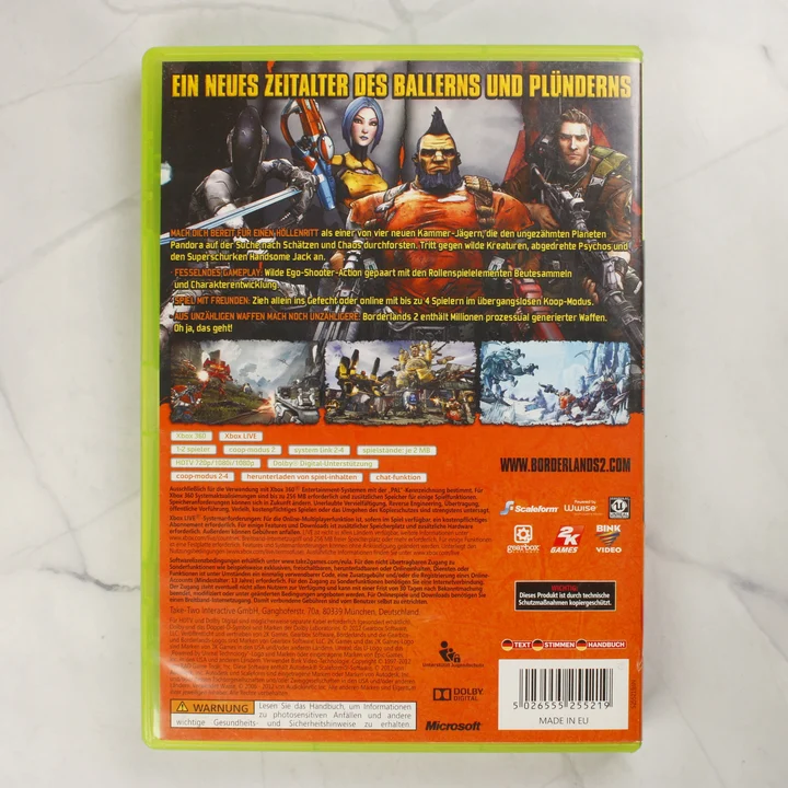 Borderlands 2 Xbox 360 hátlap Borderlands 2 Xbox 360 videójáték hátlapja német nyelvű leírással