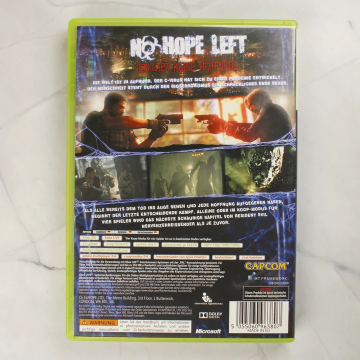 Resident Evil 6 Xbox 360 játék hátoldala Resident Evil 6 videójáték Xbox 360 műanyag tokos kiadás hátoldala leírással és vonalkóddal