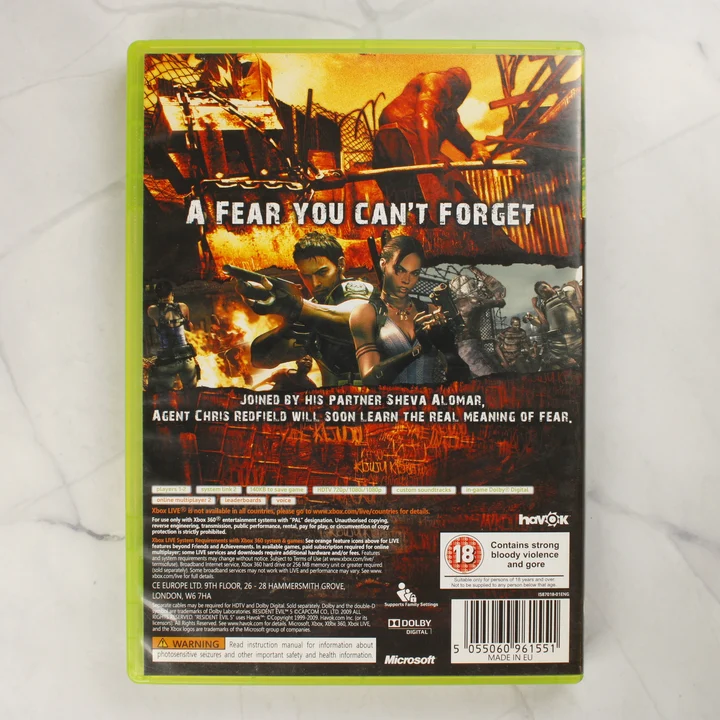 Resident Evil 5 Xbox 360 tok hátlap Resident Evil 5 Xbox 360 videójáték tokjának hátlapja