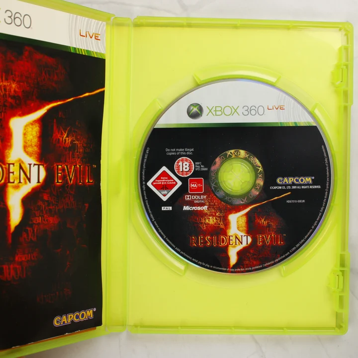 Resident Evil 5 Xbox 360 nyitott tok és lemez Resident Evil 5 Xbox 360 nyitott tok a játéklemezzel