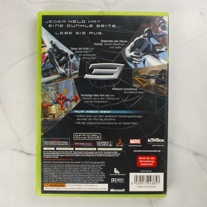 Spider-Man 3 Xbox 360 hátlap Spider-Man 3 Xbox 360 videójáték dobozának hátlapja vonalkóddal