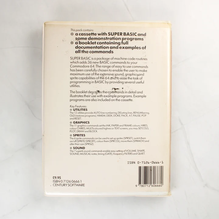 Super Basic C64 Hátlap Super Basic for the Commodore 64 szoftver hátlapja leírással
