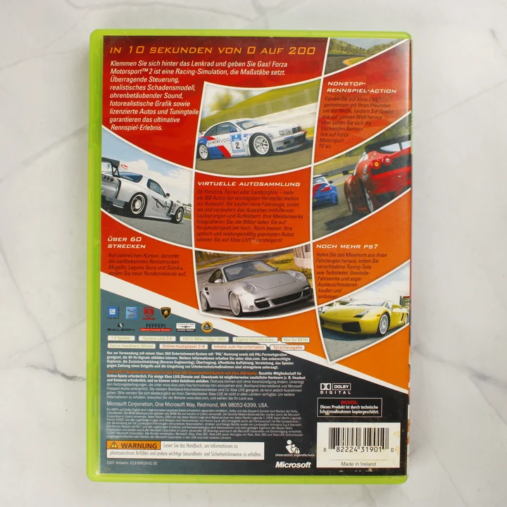 Forza Motorsport 2 Xbox 360 hátlap Forza Motorsport 2 Xbox 360 videójáték tokjának hátoldala német nyelvű leírással