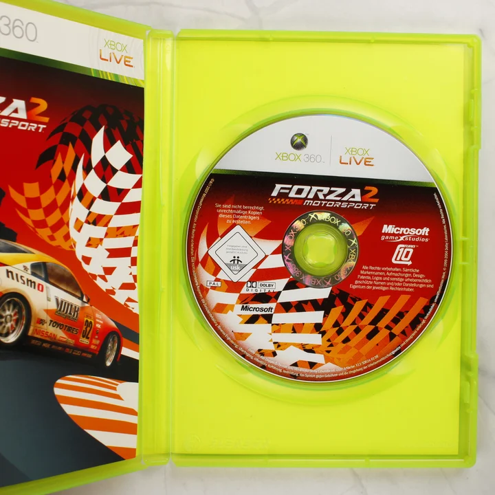 Forza Motorsport 2 Xbox 360 nyitott tok és lemez Nyitott zöld Xbox 360 tok a Forza Motorsport 2 játéklemezzel és kiskönyvvel