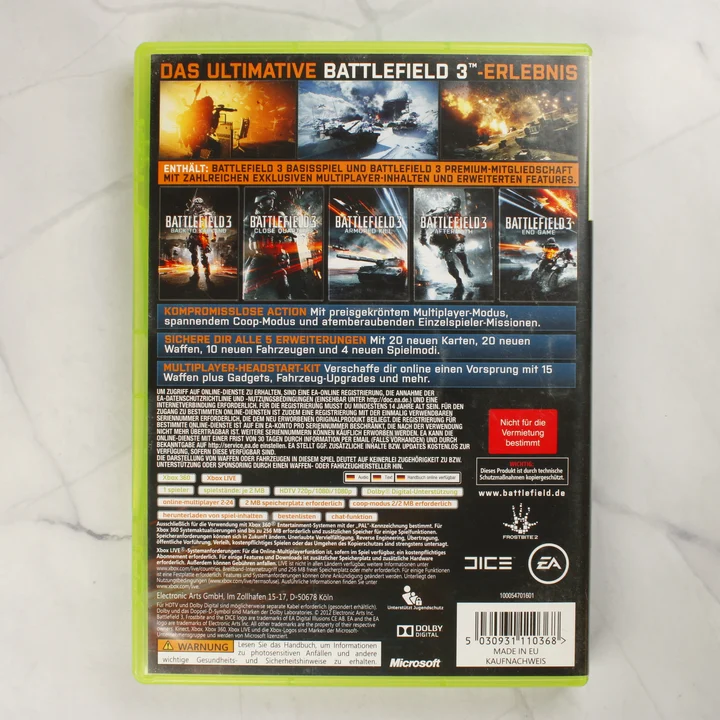 Battlefield 3 Premium Edition Xbox 360 hátlap Battlefield 3 Premium Edition Xbox 360 videójáték tokjának hátoldala