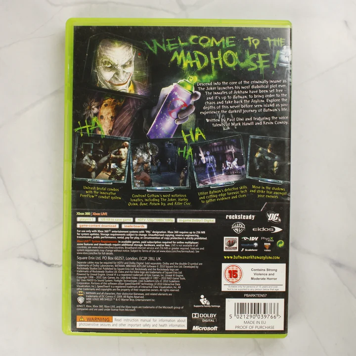 Batman Arkham Asylum Xbox 360 Classics videójáték doboza hátulról
