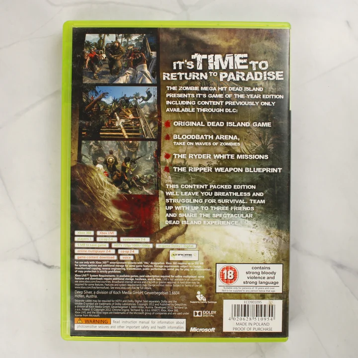 Dead Island Game of the Year Edition Xbox 360 hátlap Dead Island Game of the Year Edition Xbox 360 videójáték tokjának hátlapja