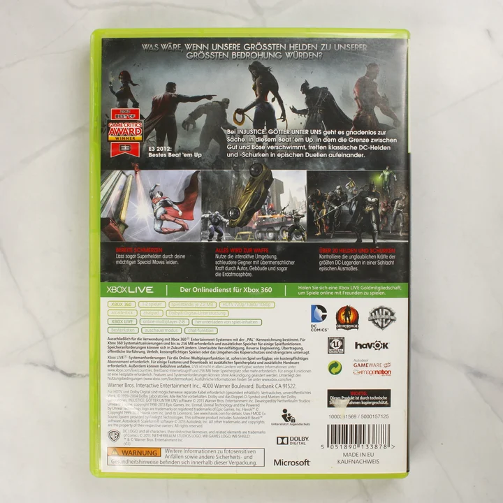 Injustice: Götter Unter Uns Xbox 360 hátlap Injustice: Götter Unter Uns Xbox 360 videójáték tokjának hátlapja