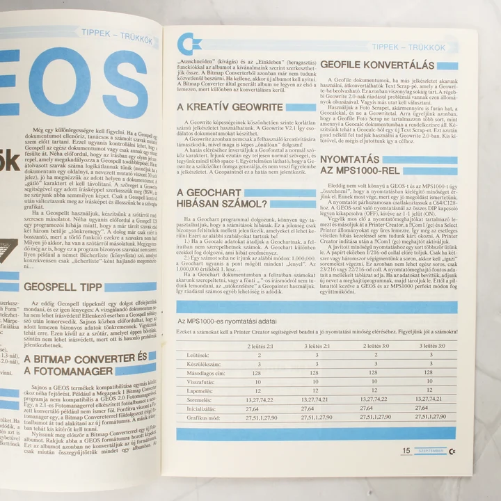 A C-újság 1990/9-es számának 15. oldala GEOS leírásokkal és táblázattal